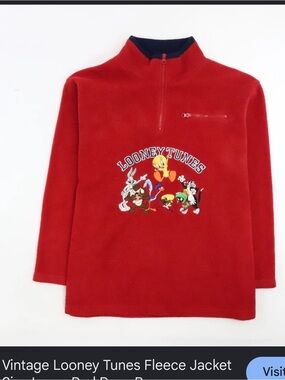VINTAGE 90s Warner Bros. Red Looney Tunes Fleece Half-Zip Pullover XL Mens